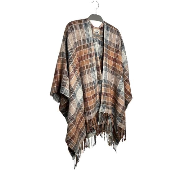 Universal Thread Womens OSFM Plaid Fringe Poncho Wrap‎ Orange Brown Cream Boho - Picture 3 of 9